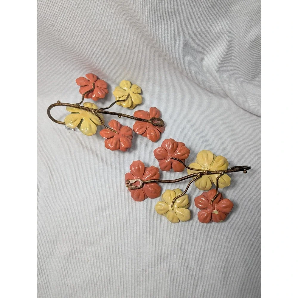 Vintage Metal Floral Wall Hooks Set of 2 Flower Branch Crystal Knob Tiebacks